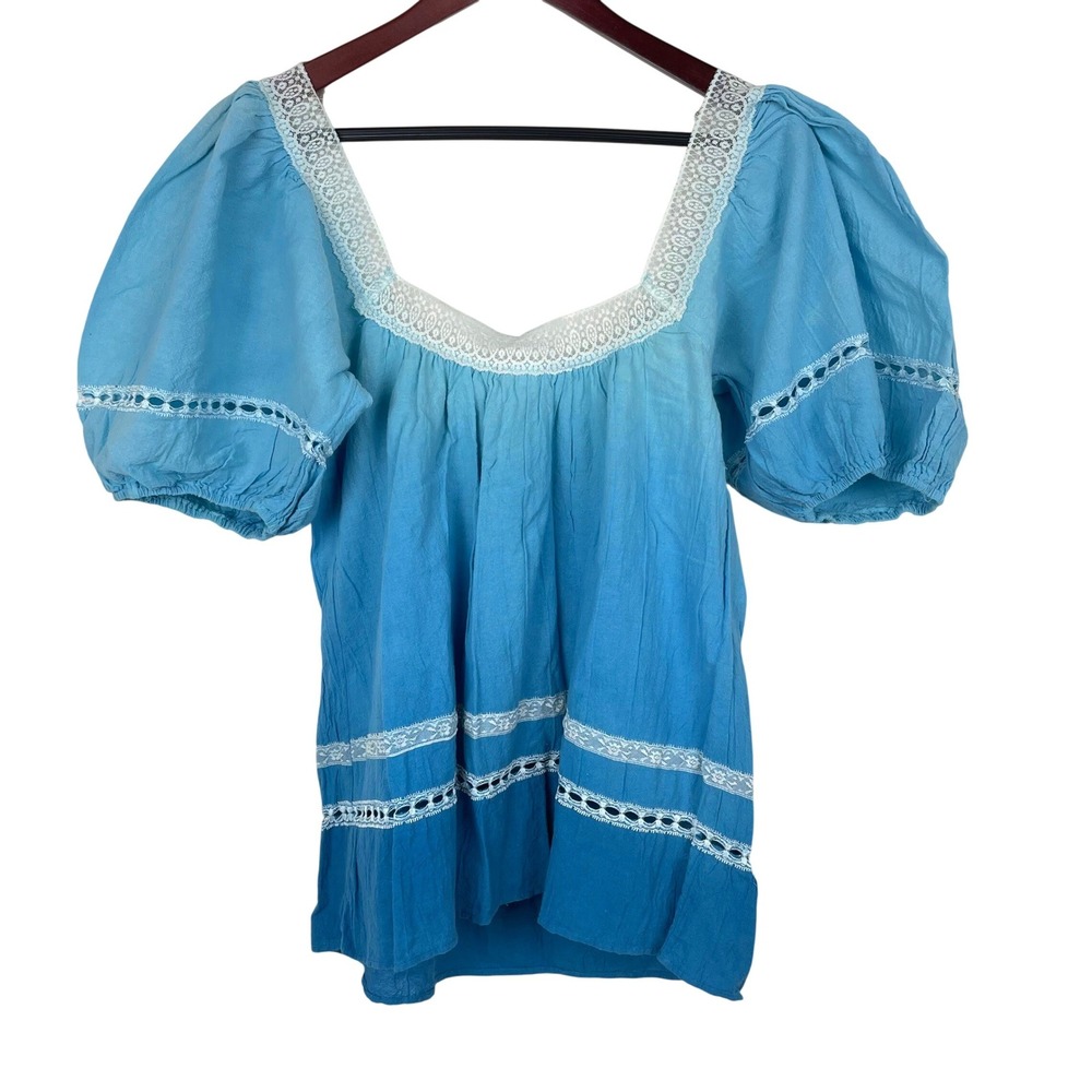 Womens Top Sz L Peasant Fairy Cottage Puff Sleeve Cotton Gauze Coquette Boho